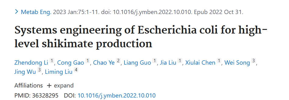 Systems engineering of Escherichia coli for highlevel shikimate production