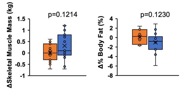 Figure 3 Changes in Skeletal Muscle Mass (Left) and Body Fat Rate (Right) after 12 weeks of Oral NMN Administration