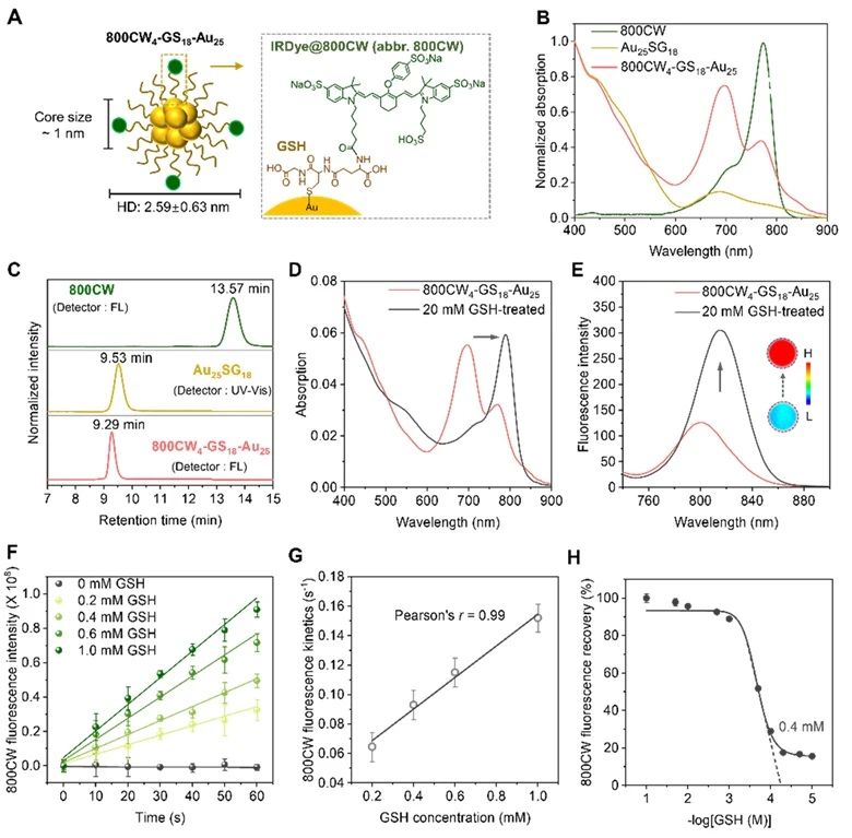 Characterization of 800CW4-GS18-Au25 and its responsiveness to glutathione.